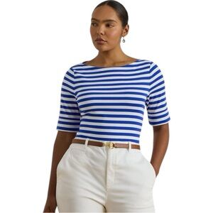 Lauren Ralph Lauren blue and white Striped Stretch Cotton Boatneck Top M
